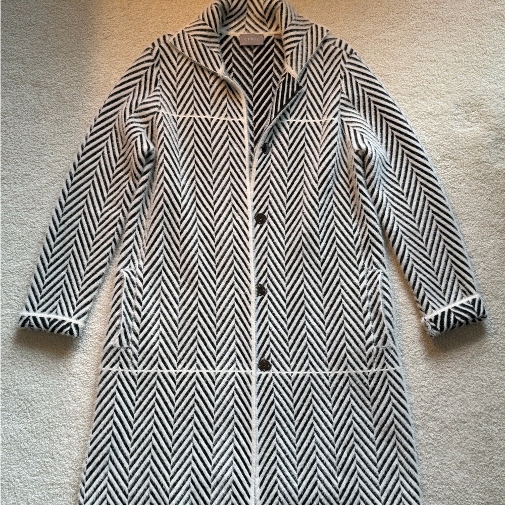 Cyrus Black and White Herringbone Trench Coat